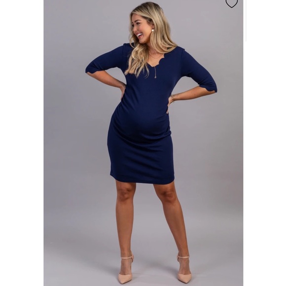 Navy Scalloped Trim Fitted Maternity Dress - Picture 1 of 4
